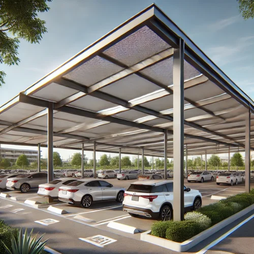 DALL·E-2024-11-12-10.29.55-A-modern-car-parking-shade-structure-in-an-outdoor-parking-lot.-The-shade-structure-features-durable-weather-resistant-fabric-or-metal-panels-support DALL·E-2024-11-12-10.29.55-A-modern-car-parking-shade-structure-in-an-outdoor-parking-lot.-The-shade-structure-features-durable-weather-resistant-fabric-or-metal-panels-support