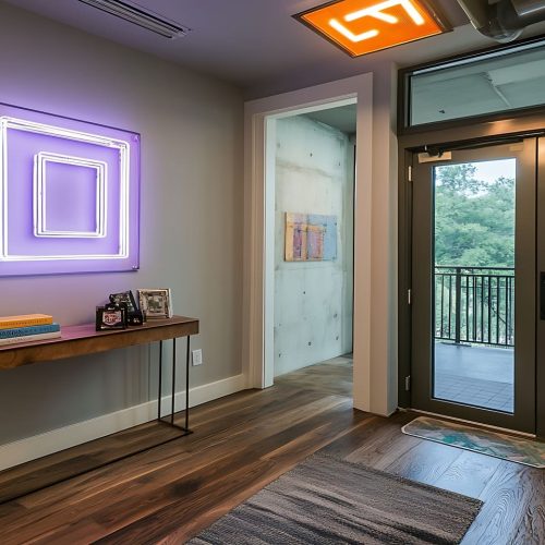 modern-entryway-with-purple-neon-light-wooden-console-table modern-entryway-with-purple-neon-light-wooden-console-table